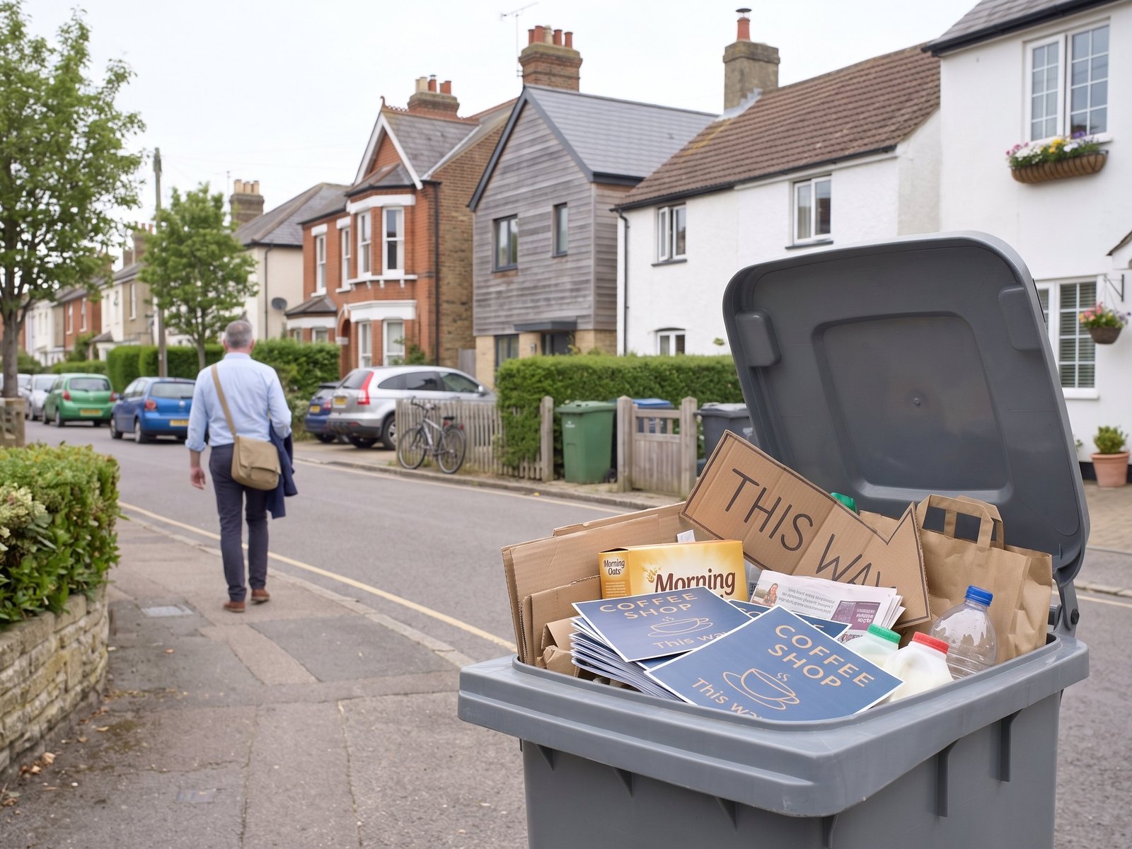 Morning on a residential street: the coffee shop owner's leftover flyers and his THIS WAY sign lie in a recycling bin while he walks off to work without looking back.