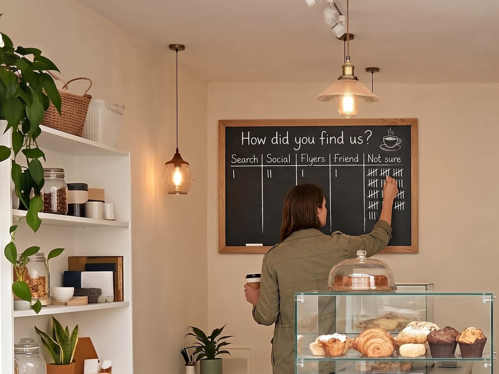 In the coffee shop, a customer adds another chalk mark under Not sure on a board asking how customers found the shop.