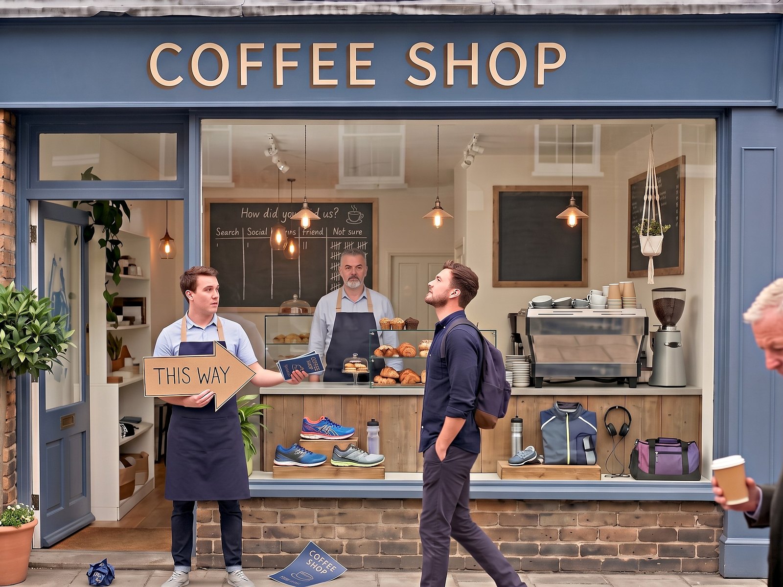 A coffee shop whose window displays running gear. A hired promoter holds a THIS WAY sign while people walk past without looking, and the owner watches from inside.