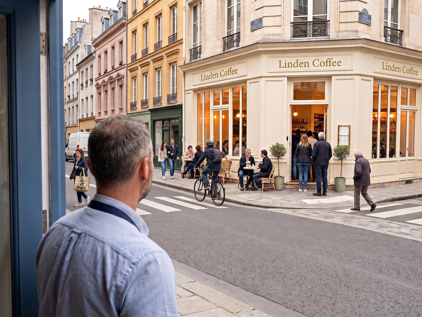 A coffee shop owner leans out of his doorway and watches a busy competitor cafe down the street, its tables full and customers waiting at the door.