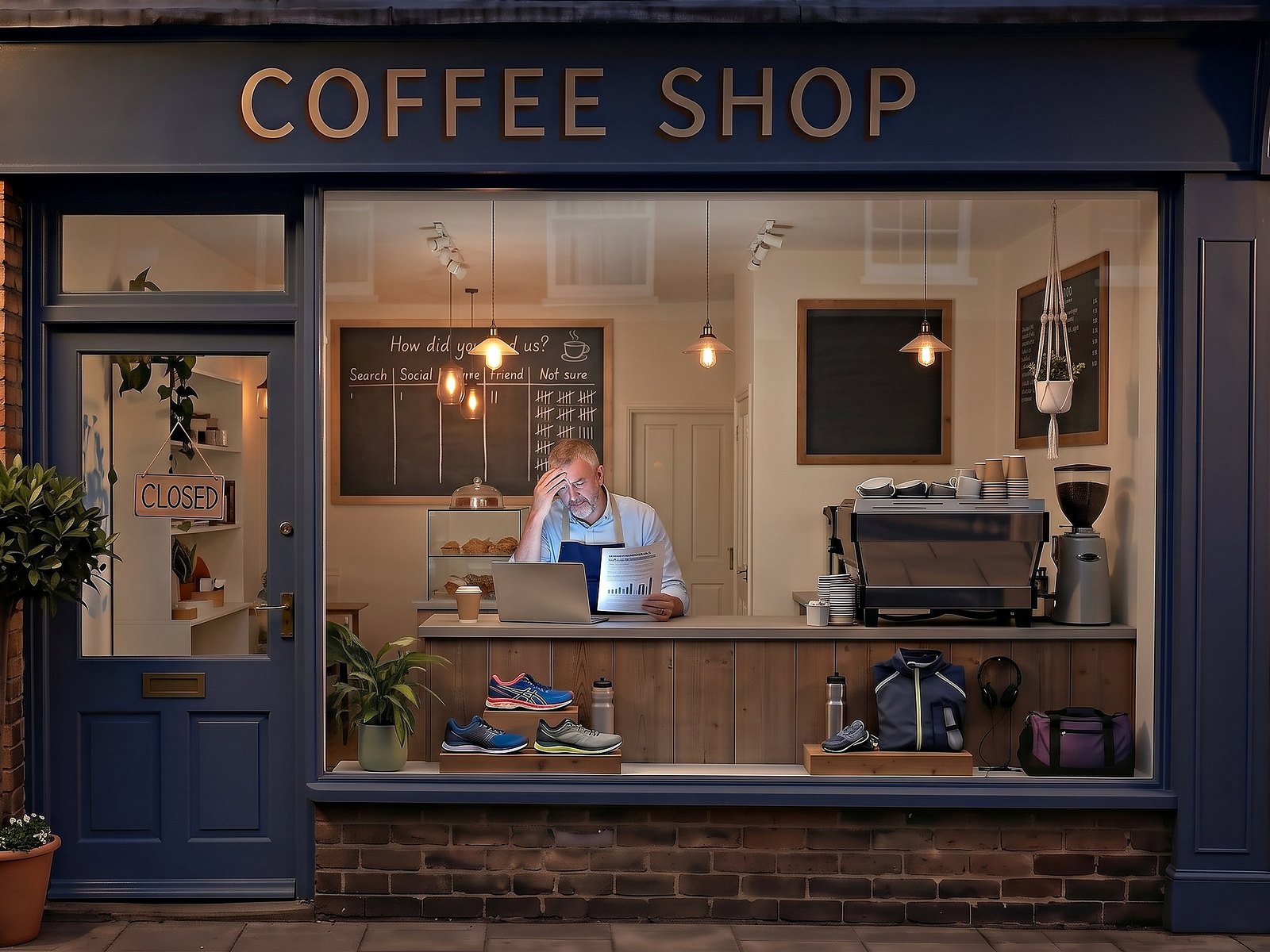 Late at night, the coffee shop owner sits alone in his closed shop, rubbing his forehead over a marketing report and a laptop full of charts.