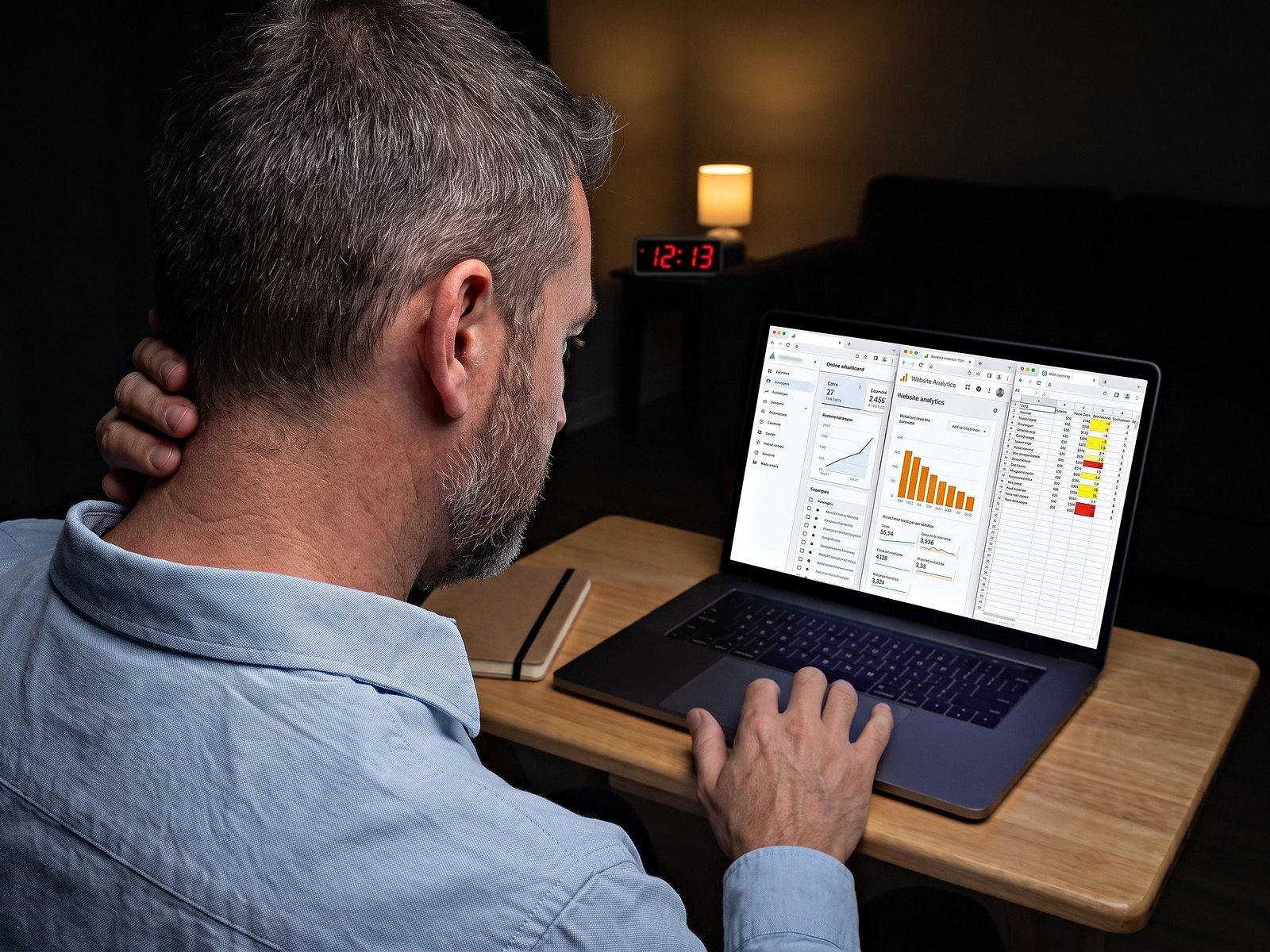 Past midnight at home, the owner rubs his neck while three marketing dashboards on his laptop show results that contradict each other.